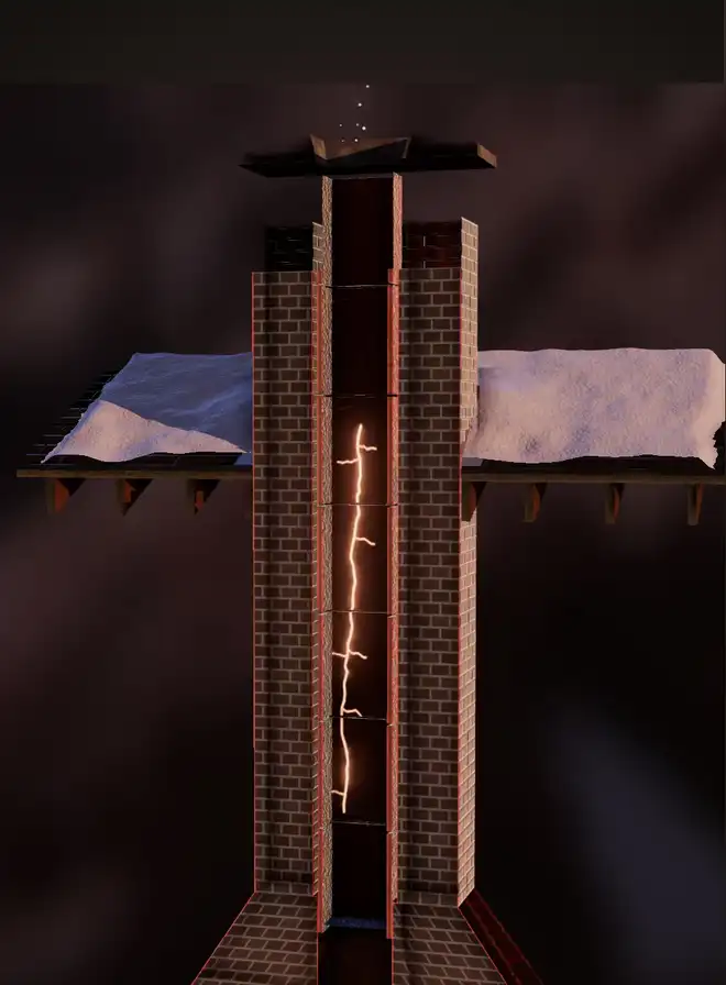 The chimney illustration cut open to show the flue liner running through it